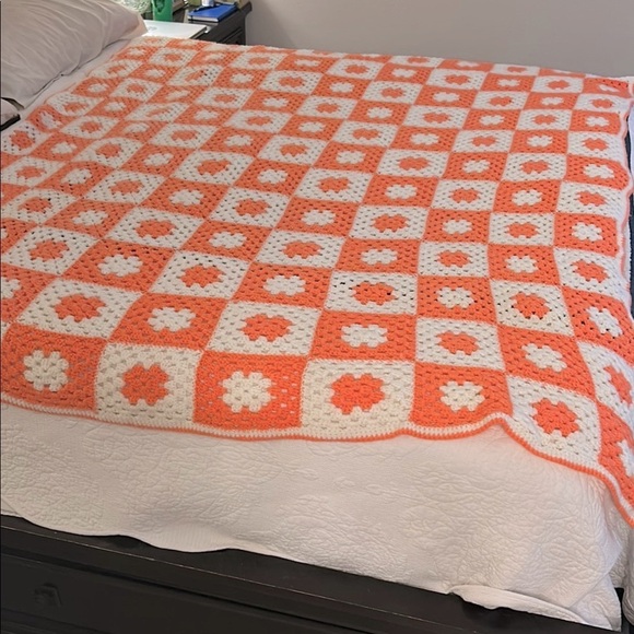 Orange and White Crochet King Blanket 79” X 68” - Picture 3 of 3